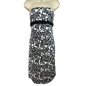 Ruth Black White Strapless Cotton Sheath Dress Size 4 Beaded Bustline Stretch